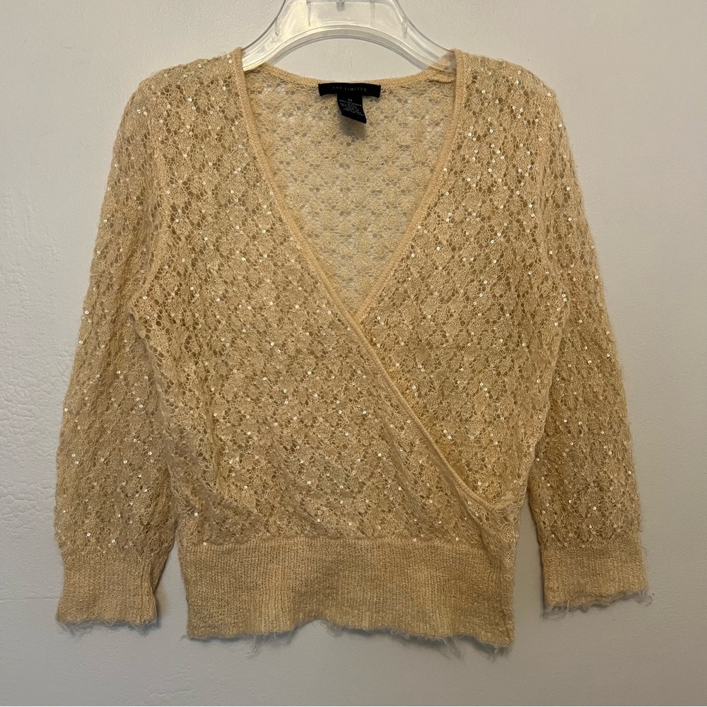 The Limited Tan Gold Sequins Mohair V-Neck Faux Wrap Vintage Sheer Sweater M